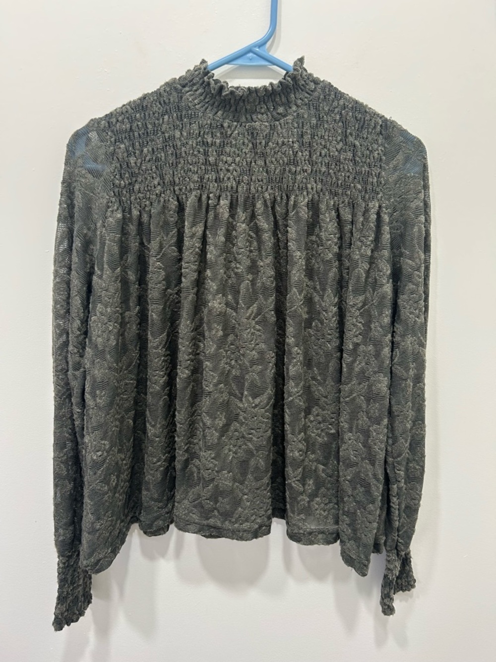 Anthropologie Deletta Top Small Grey‎ Blouse Smocked Boho Chic High Neck Sheer